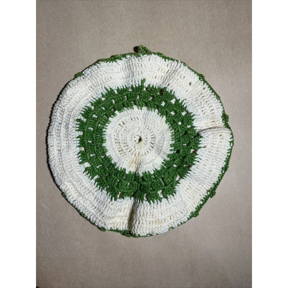 Vintage Lot Of 4 Handmade Crochet Hot Pad Potholders Green‎ & White Yellow Dress